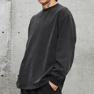 T-shirt con foro di cotone Oversize lavata t-shirt <span class=keywords><strong>Vintage</strong></span> tinta unita Casual atletico Anti strizzacervelli <span class=keywords><strong>camicie</strong></span> a maniche lunghe da uomo - Product Image 3