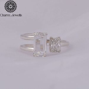 Charm_Jewells Women's <b>Emerald</b> Cut Moissanite Engagement <b>Ring</b> 925 <b>Silver</b> Prong Setting Minimalist Geometric Design - Product Image 1