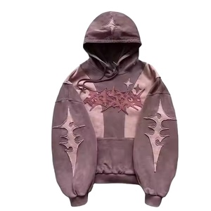 Sweat à capuche tendance personnalisé par le fabricant, sans cordon, avec broderie de patch épais, effet délavé à l'acide et vieilli, 100% Coton - Product Image 6