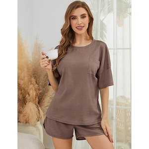 Women Comfortable Waffle <b>Knit</b> Two Piece Outfit Casual Lounge Wear Shorts <b>Set</b> for Ladies - Product Image 3