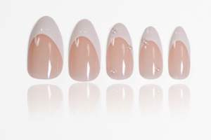 Uñas Postizas Elegantes con Punta Francesa, Color Nude Lechoso, Forma Almendrada, Personalizadas OEM ODM de Fábrica, Estampado Dorado, Longitud Media, 24 Piezas - Product Image 6