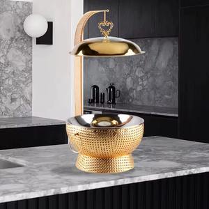 Matte <b>Black</b> Stainless Steel Chafing Dish with Gold Stand Ornate Round Buffet Food Warmer for Luxury Wedding Catering - Product Image 2