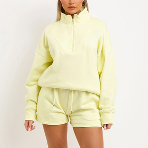 Women Solid Color Half-<b>Zip</b> Sweatshirt Set Loose Fit Full Sleeve Drawstring <b>Pocket</b> Cotton Tracksuit <b>Shorts</b> Spring Wear - Product Image 1