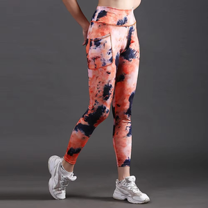 Leggings longs à taille haute avec imprimé tie-dye et poches, en tissu extensible tricoté, spandex, polyester, sportif, pour femmes - Product Image 4