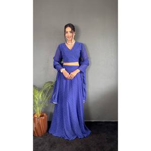 FANCY GEORGETTE LAHERIYA IMPRESO LACE TRABAJO LEHENGA CHOLI CON DUPATTA AZUL - Product Image 1