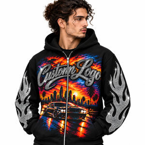 Custom Rhinestone Flame 100% Cotton Fleece Men's <b>Black</b> Studded <b>Zip</b> up Streetwear <b>Hoodie</b> OEM Private Label Printed Design - Product Image 4