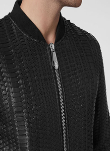 Blouson Bomber Noir en PU Gaufré pour Homme, Style Moto Biker, Col Montant, Fermeture Éclair, Coupe Droite, Idéal Automne - Product Image 6