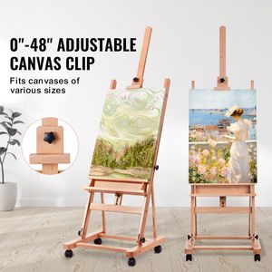 Cavalletto a H da Studio in Faggio per Artisti, Cavalletto da Pittura fino a 48 Pollici con Ampio Vassoio Portaoggetti e Ruote da 33L - Product Image 2