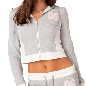 ชุดเซ็ต 2 ชิ้น เสื้อฮู้ดครอปซิปพร้อมกางเกงขาสั้น ผ้าเทอร์รี่ แต่งแพทช์เวิร์ค ผ้าฝ้าย สำหรับออกกำลังกาย ผู้หญิง สไตล์สตรีทแวร์ โลโก้สั่งทำได้ เป็นมิตรต่อสิ่งแวดล้อม - Product Image 3