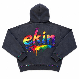 Sweat à capuche Ekin personnalisé gris 100% coton molletonné brodé coupe oversize délavé à l'acide avec strass et impression DTG - Product Image 2