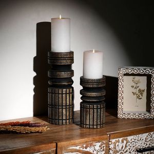 Support de bougie en bois de style vintage, sculpté à la main, en bois massif, pour bougie pilier, décoration d'intérieur, centre de table de mariage, décoration de table - Product Image 4