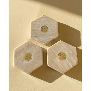 Sous-verres hexagonaux en marbre naturel au design moderne, écologiques, durables, lavables, accessoires pour boissons en pierre, Inde - Product Image 6