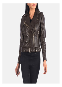 Chaqueta de Motociclista de Cuero Genuino Negro para Mujer, con Cierre de Cremallera, Cuello Alto, Manga Larga, Estilo Otoñal - Product Image 6