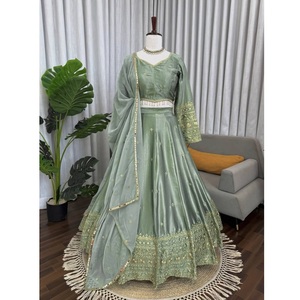 New Wedding Collection Lehenga Choli Dupatta Set Japan <b>Satin</b> Thread Sequence Work Lehenga <b>Blouse</b> Set Indian BridalOutfit Lehenga - Product Image 1