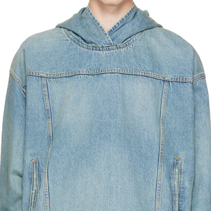 Sweat-shirts à capuche pour hommes en denim de haute qualité, unis, avec poches, pour l'hiver, effet délavé soleil et délavé à l'acide, grammage lourd, vente en gros - Product Image 3