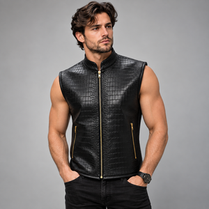<b>Men's</b> Genuine Leather Crocodile Pattern Stand Collar <b>Vest</b> Biker Zipper Waistcoat - Product Image 5