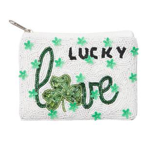 กระเป๋าใส่เหรียญลูกปัดทำมือขนาดใหญ่ สีขาว ลายจดหมายนำโชค ใบโคลเวอร์สี่แฉก พร้อมซิป สำหรับผู้หญิง ของขวัญ - Product Image 1