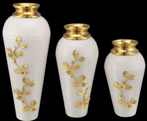Traditional <b>White</b> <b>Floor</b> <b>Vase</b> Set with Gold Leaf Design Handmade for Housewarming Decor- Sculptural Floral Vessel for Luxury Home - Product Image 1