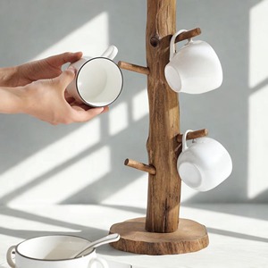 Rustic Double Tier Wooden Mug <b>Tree</b> <b>Stand</b> Floor Type Coffee Cup Holder Rack 6 Hooks Kitchen Home Caf Office Eco Friendly - Product Image 1
