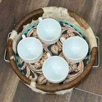 Plateau de présentation en cuir de vachette de style occidental, rond, de style campagnard, grand, avec surpiqûres turquoise et motif floral
