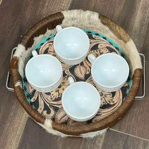 Western Style Cowhide Leather Round Farmhouse Storage Organizer Designer Large Turquoise Stitching Floral Leather Display Tray - Product Image 6