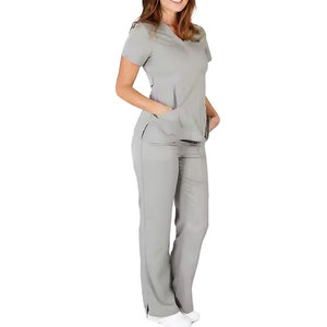 Ensemble de blouses médicales unisexe gris à manches courtes, col en V, poches, pantalon droit, uniformes d'hôpital, tissu peigné en mélange coton-polyester - Product Image 5