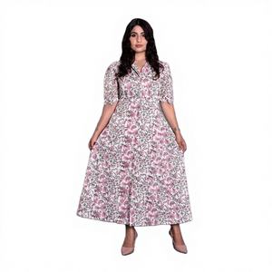 Hermoso vestido indio de algodón con estampado floral hecho a mano para mujer, ropa informal para fiestas con mangas abullonadas para ocasiones casuales y fiestas. - Product Image 1