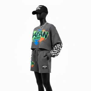 ชุดเซ็ตเสื้อสเวตเชิ้ตผ้าฟลีซคอตตอนคุณภาพสูงสำหรับผู้หญิง 100% ผ้าฝ้าย สีเทา พิมพ์ลายกราฟิก แขนเสื้อตัดต่อสีต่างกัน - Product Image 4