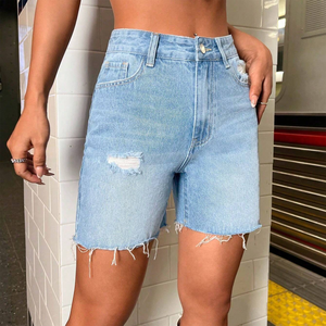Shorts de mezclilla rectos de cintura media para mujer, de alta calidad y bajo precio, con bordado sólido, lavado a la piedra, de algodón, casuales, con dobladillo deshilachado para otoño. - Product Image 4