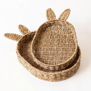 Fun Woven Seagrass Bunny Storage Trays Set Of 2 <b>For</b> Snacks, Kids <b>Items</b> And Creative Home <b>Decor</b> Display - Product Image 1