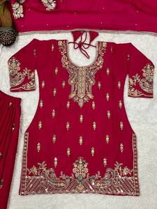 Women's Red Embroidered Traditional Indian Pakistani <b>Dress</b> With <b>Silver</b> Work Loose Fit Floor-Length Wedding Wear - Product Image 4
