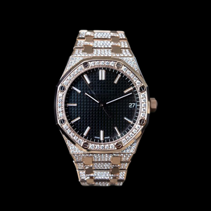 Montre pour homme de style hip-hop, exclusive, avec mouvement à quartz, chronographe automatique, date, cadran noir tendance, entièrement sertie de pierres brillantes - Product Image 1