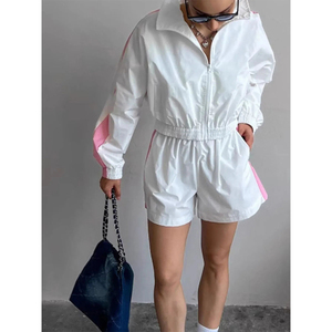 Women's <b>Zip</b> <b>up</b> Long Sleeve Jacket and Shorts Set Color Block Windbreaker Tracksuit 2-Piece <b>Cropped</b> Jacket Shorts Set Daily Wear - Product Image 1
