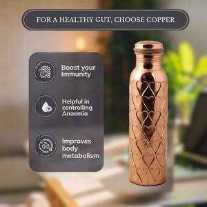 Heart Embossed <b>Copper</b> Water <b>Bottle</b> Pure <b>Copper</b> <b>Drinking</b> <b>Bottle</b> Leakproof Reusable Ayurvedic Hydration Gift <b>Bottle</b> - Product Image 1