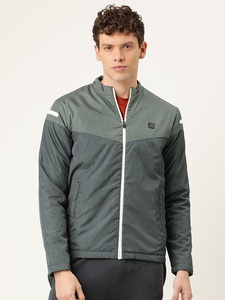 Blouson de sport pour homme à blocs de couleur, col montant, fermeture éclair frontale, coupe-vent, style sportif, pour l'automne, coupe régulière, mélange polyester-coton - Product Image 1