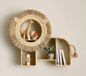 Rattan Lion Shape Shelf Handmade Boho <b>Wicker</b> <b>Decorative</b> <b>Wall</b> Hanging Shelf For Nursery Bedroom Kids Room Children Bedroom - Product Image 1