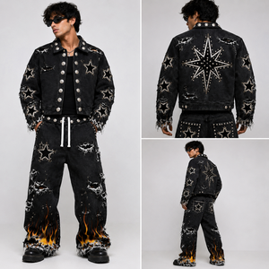 Custom Distressed Denim Jacket And Flame <b>Jeans</b> Set Vintage Star Studded Street Wear Fashion Outfit For Unisex Wear - Product Image 3