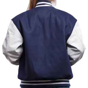 Chaqueta Universitaria Unisex Azul Marino con Mangas Blancas, Estilo Preppy, Cierre de Botones, Corte Regular, para Otoño - Product Image 4