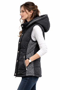Veste matelassée noire sans manches à capuche pour femme – Gilet d'hiver isolé avec fermeture éclair et boutons-pression, en tricot contrastant - Product Image 3