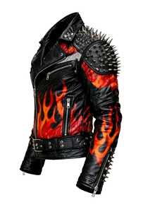 Veste de moto en cuir pour homme, style punk, avec imprimé graffiti, fermeture éclair, col rabattable, pour l'automne - Product Image 5