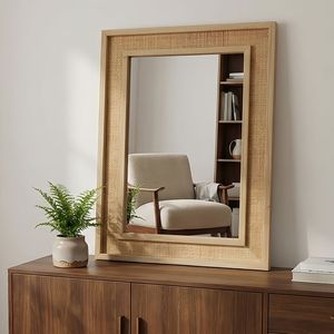 Specchio da Parete Decorativo Rettangolare in Rattan con Cornice in Legno Massello 24"x36" Colore Legno Naturale per Bagno, Casa, Ingresso Stile Rustico - Product Image 2