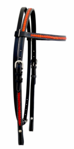Cabezada de cuero negro para caballo con frontal trenzado rojo y herrajes plateados, pieza de brida ecuestre ajustable. - Product Image 2