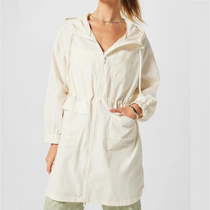 <b>Women's</b> Hooded Long Zipper Windbreaker <b>Jacket</b> With Pockets Solid Color <b>Utility</b> Style Full Sleeve Polyester Nylon Wear - Product Image 1