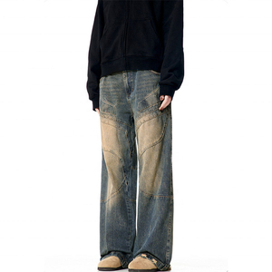 Jean droit délavé respirant pour homme, coupe ample, style vintage, streetwear, mode urbaine décontractée - Product Image 1