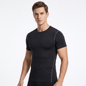 Camiseta Deportiva de Manga Corta para Hombre, Negra, de Secado Rápido, Corte Ajustado, Cuello Redondo, Tejido de Poliéster, Color Sólido - Product Image 4