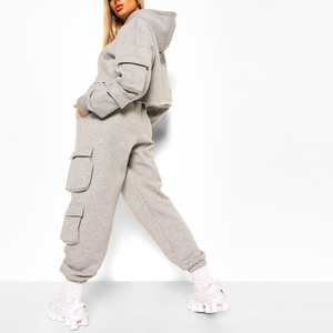 Conjunto Deportivo Gris con Capucha para Mujer, Pantalones Deportivos Cargo Largos, Corte Holgado, 100% Algodón, Ropa Casual de Otoño - Product Image 1