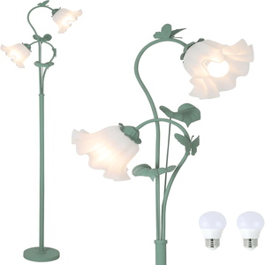 Vintage Green <b>Standing</b> Lamp with 2 LED 5W Blubs Flower Acrylic Shade Foot <b>Switch</b> for Living Room-Flower Floor Lamp - Product Image 1