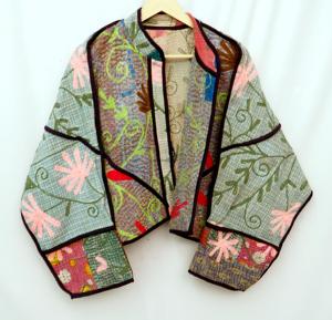 Elegante Chaqueta Kantha Estampada 100% Algodón con Cuello Mandarín, Transpirable, Multicolor, Ecológica, para Otoño, Abrigo para Mujer - Product Image 2
