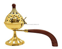 Quemador de Incienso de Metal y Latón Religioso Más Vendido con Mango de Madera, Vajilla con Impresión UV, Color Personalizable, Estilo Europeo para el Hogar