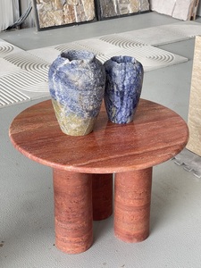 <span class=keywords><strong>Table</strong></span> d'appoint ronde en travertin rouge naturel au design nordique moderne et <span class=keywords><strong>table</strong></span> basse en pierre cannelée en travertin beige à vendre - Product Image 4